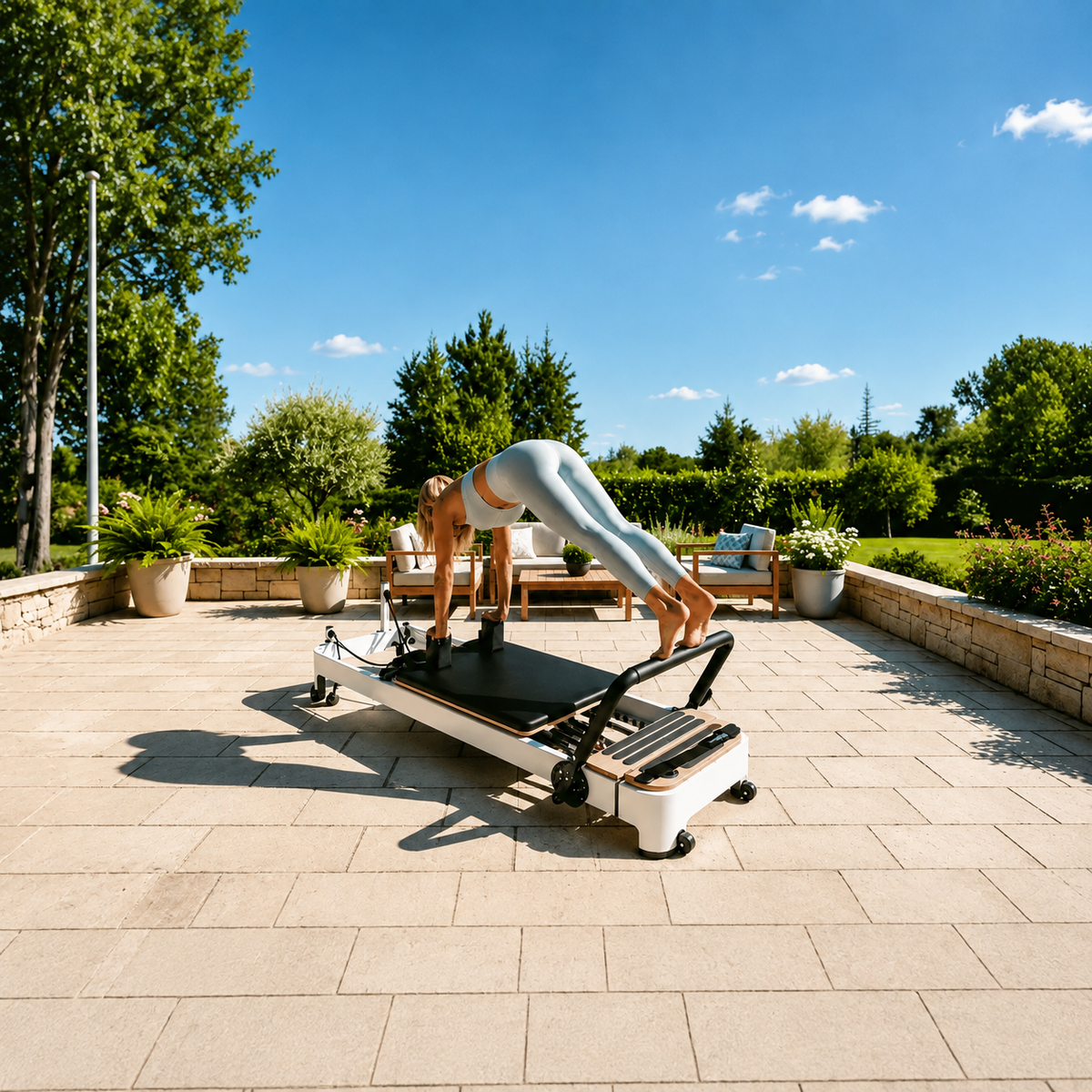 Woman exercising on an at-home Pilates reformer outdoors on a sunny garden patio – USA Wellness Champions.