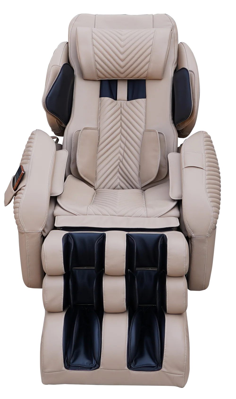 A beige and black massage chair with a padded headrest, armrests, and footrest, shown against a plain white background.
