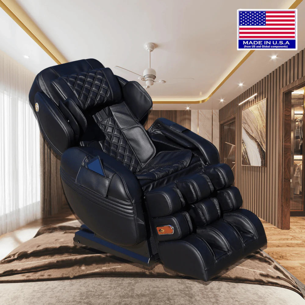 Black massage chair in a room with an American flag label indicating 'Made in USA'.