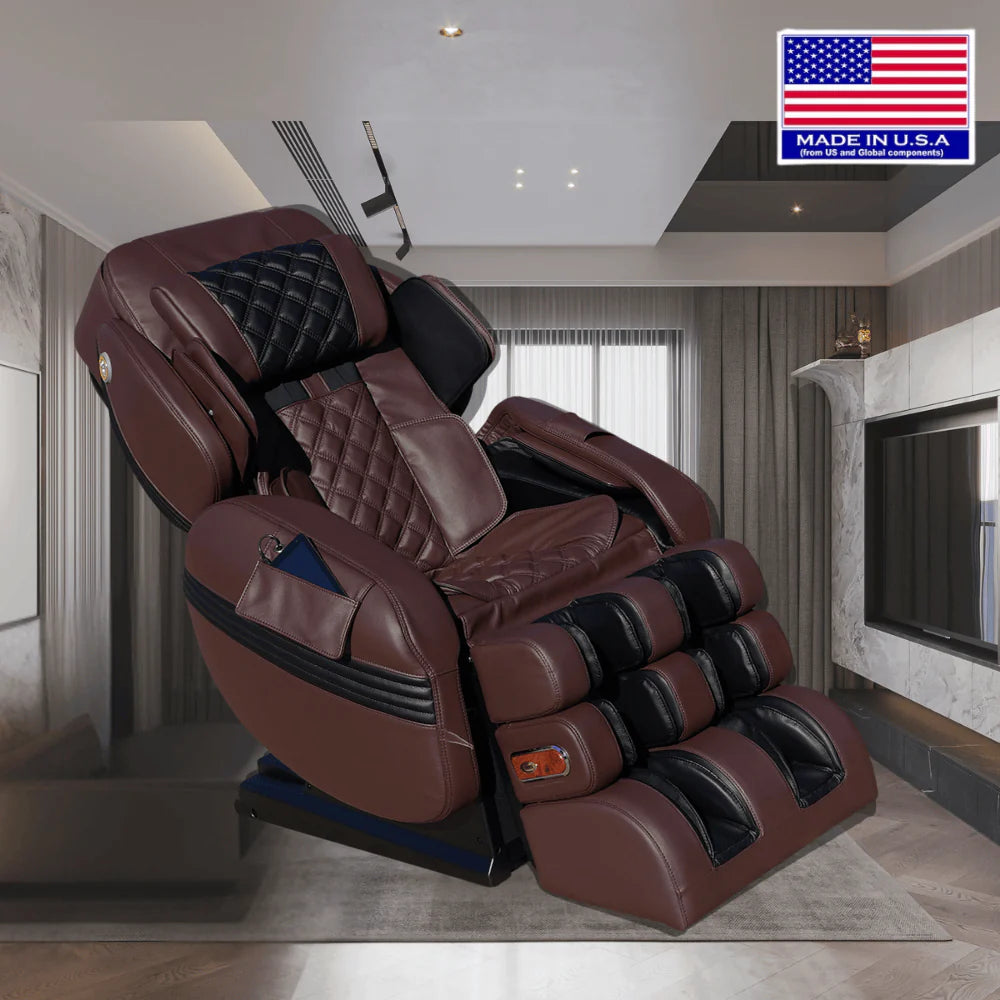 Brown massage chair in a living room setting with an American flag label indicating 'Made in USA'.