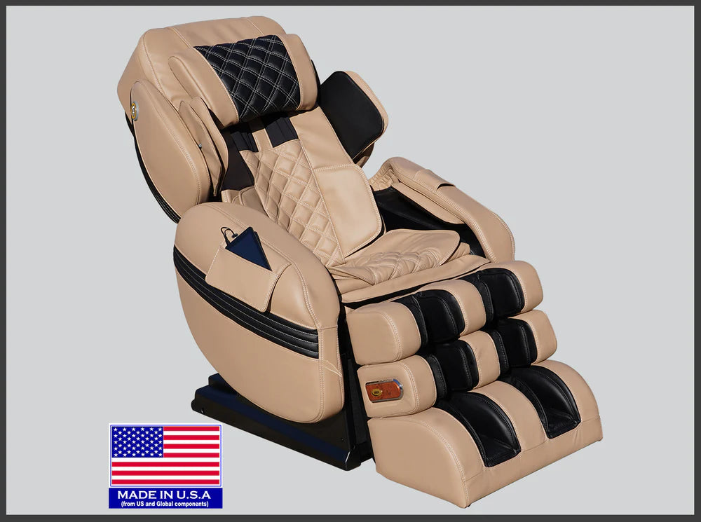 Beige massage chair with black accents on a gray background, featuring an 'Made in USA' label.