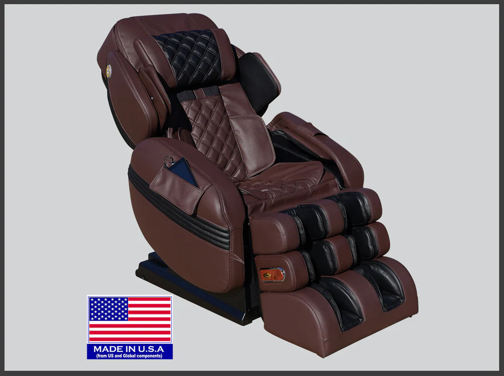 Brown massage chair with black accents on a gray background, featuring a 'Made in USA' label.