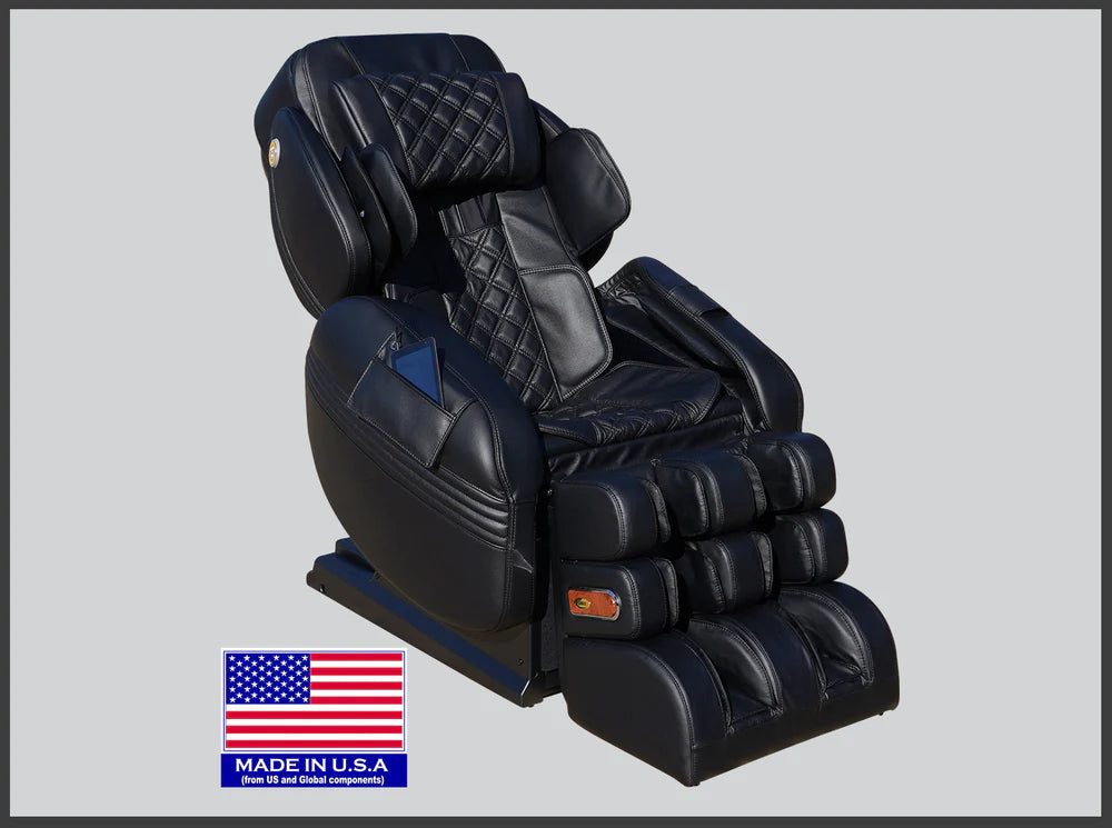 Black massage chair with 'Made in USA' label on a gray background