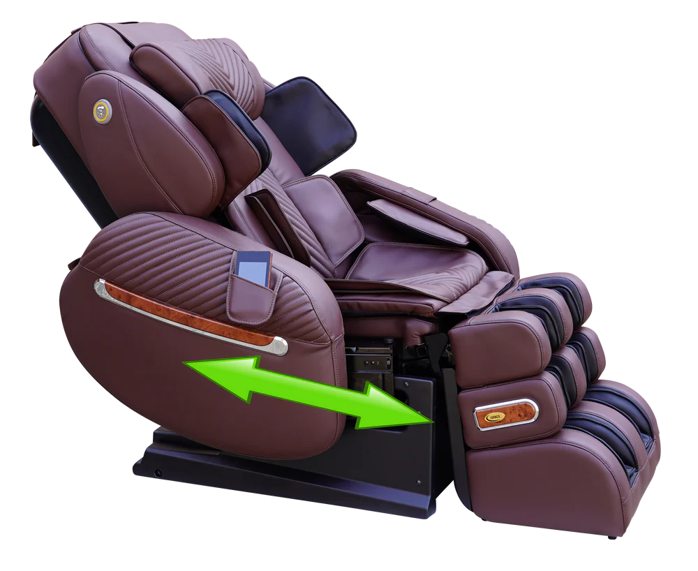 A brown massage chair shown at an angle on a white background, with a bright green arrow graphic pointing to the side adjustment area.