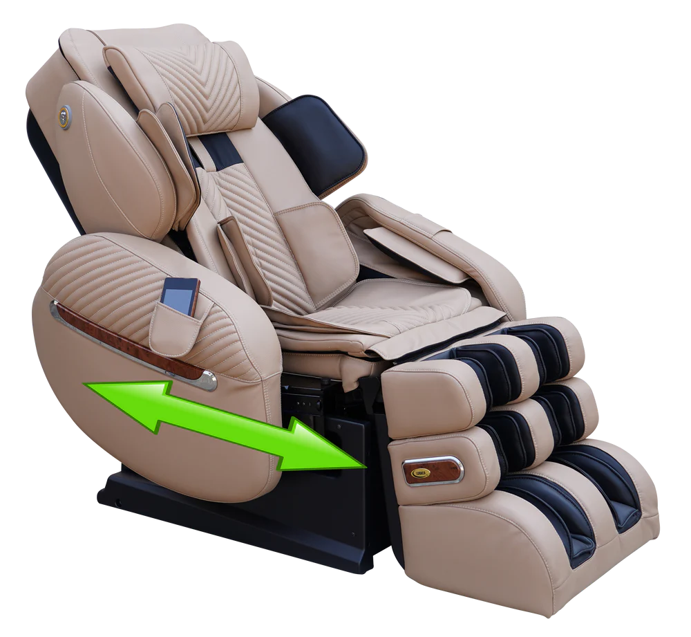 Beige and black massage chair shown on a white background with a green arrow indicating the side adjustment feature.