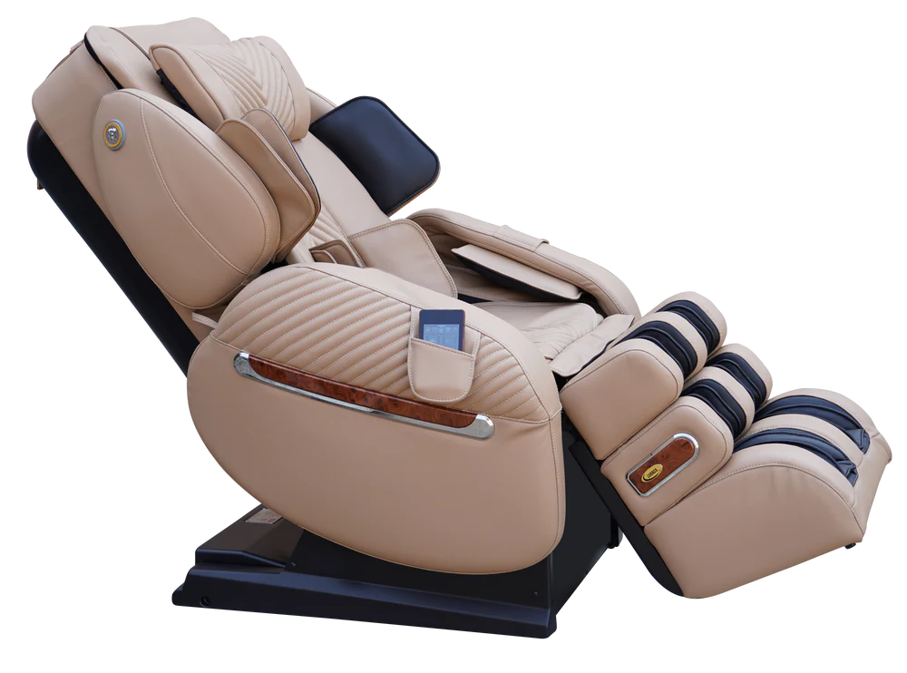 Beige massage chair with dark navy blue accents and a wood trim detail, shown in a side profile on a white background.