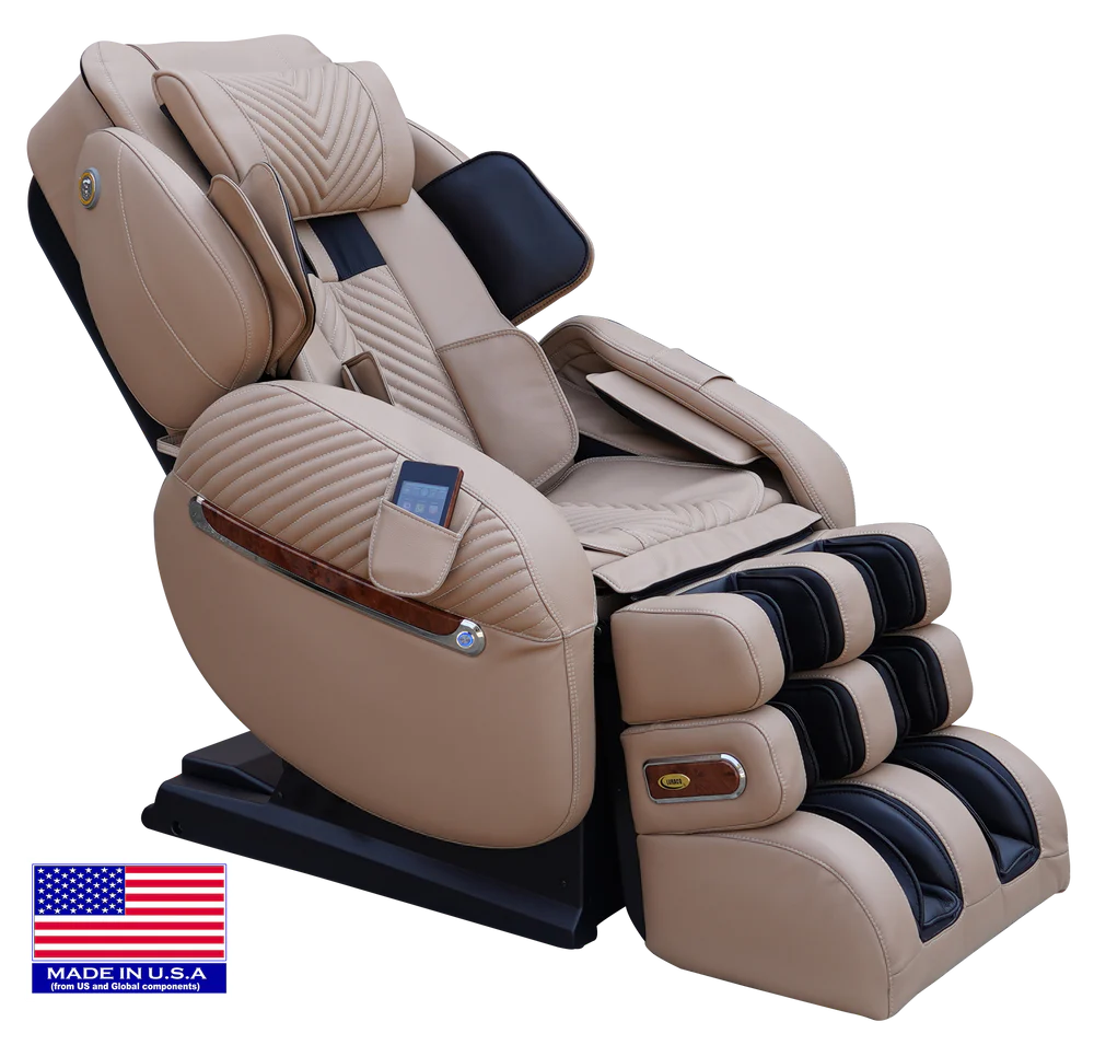 Beige and black massage chair with an extended footrest, shown on a white background with a 'Made in U.S.