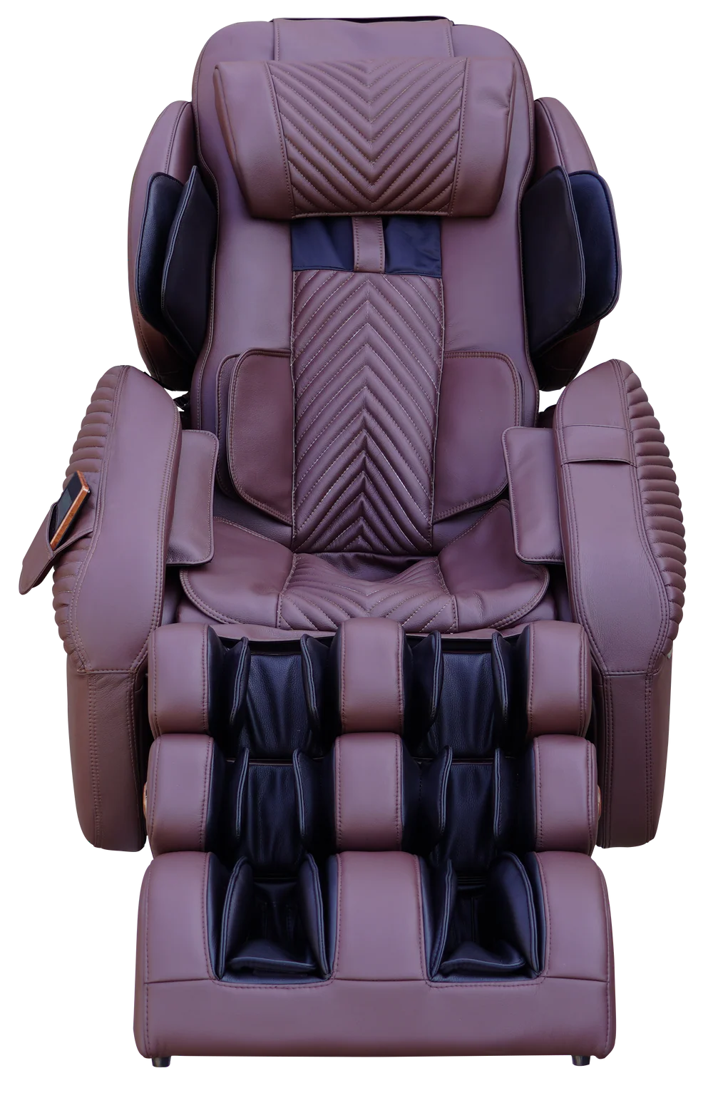 A brown and black massage chair with quilted and padded sections, shown from the front against a plain white background.