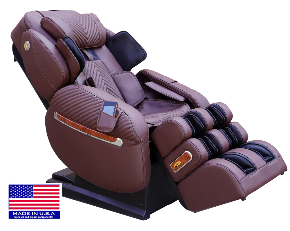 A brown and black massage chair with an extended footrest, shown on a white background with a 'Made in U.S.